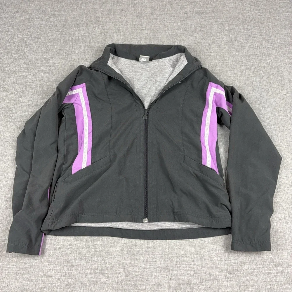 Nike Jacket Kids Medium 8-10 Black Purple Full Zip Windbreaker Athletic Vintage